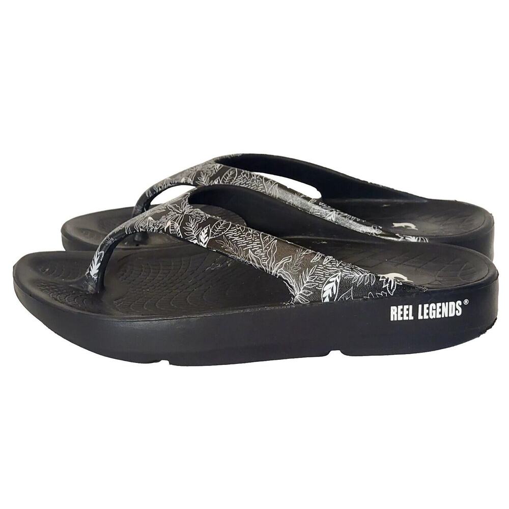 Reel Legends Caymen Flip Flops Black White Print Women’s Size 7 Beach - Picture 3 of 8